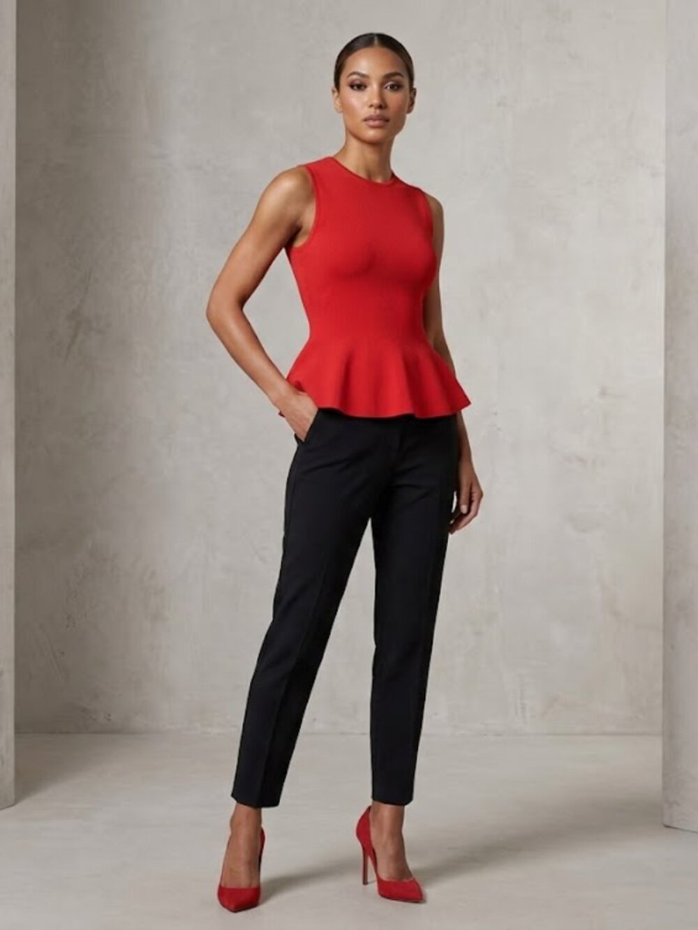 THEORY- Classic Lustrate Peplum- Sleeveless Stretch Tank Top- Red- XS (P)